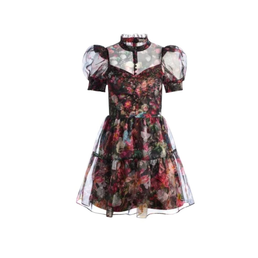 NEW Alice + Olivia Vernita Mini Dress Womens 6 Black Red Floral Puff Sleeve Mesh